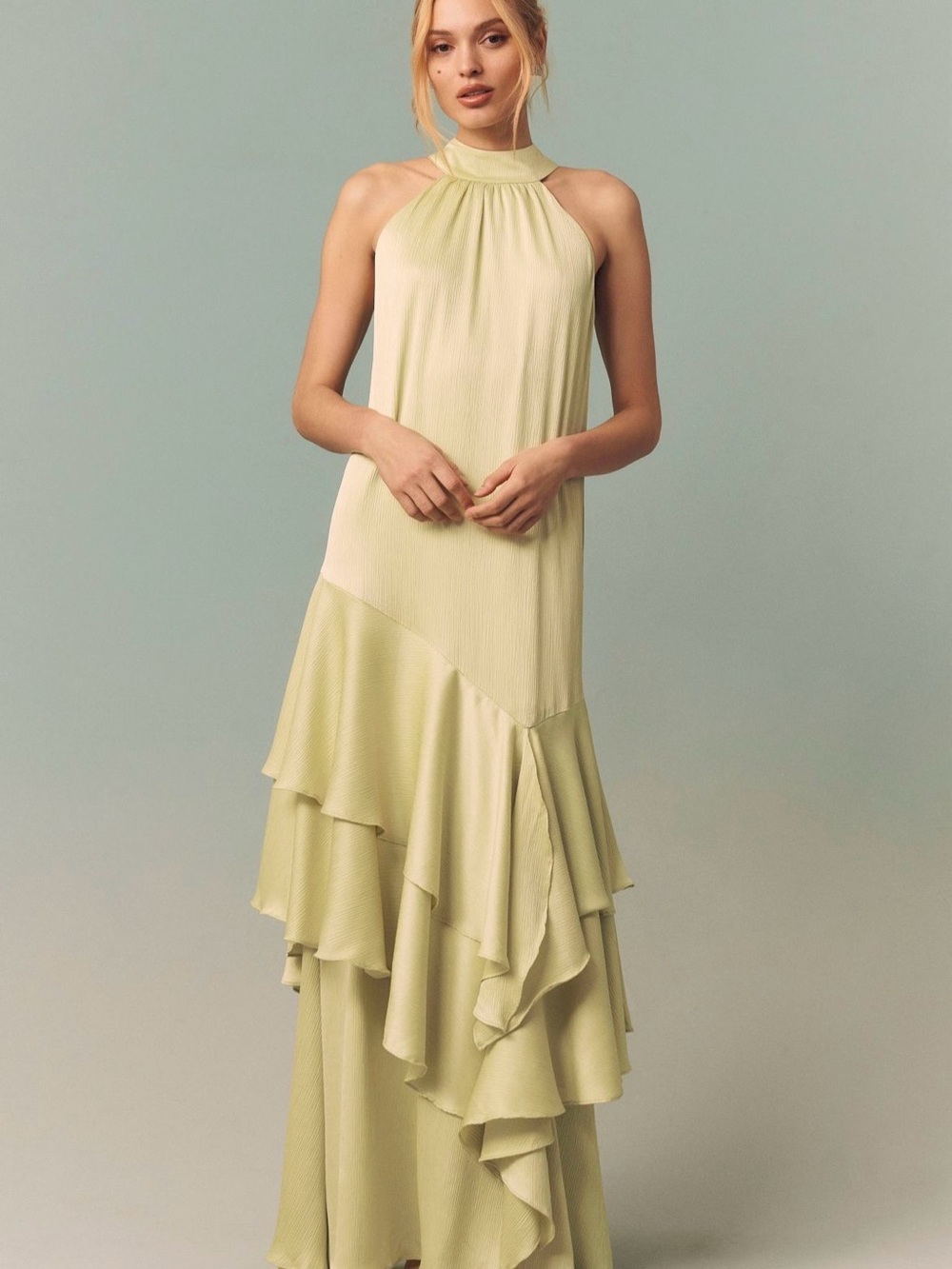 Halter-Neck Ruffle Maxi Dress in Pale Green